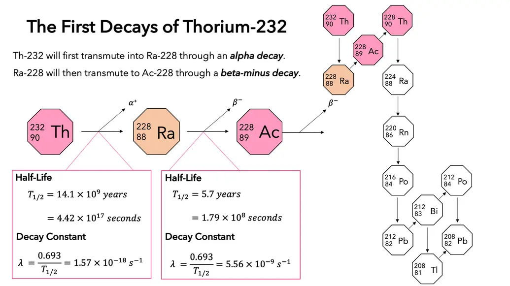 representation of thorium's lifetime with half-life and decay constants. thorium's subsequent species have much shorter half lives