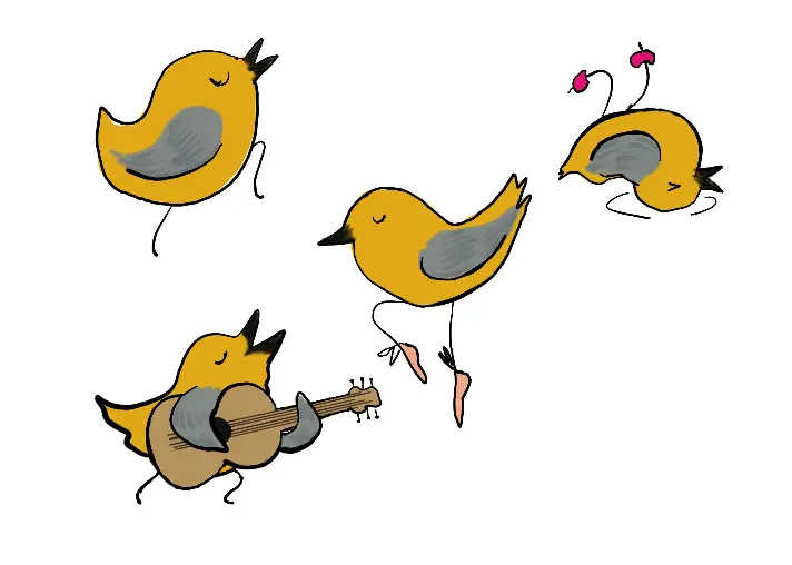 This image helps illustrate behavioral isolation. This image shows four cartoon birds doing different mating dances. One is ballet dancing, one is break dancing, one is singing a song, and one is playing a guitar.