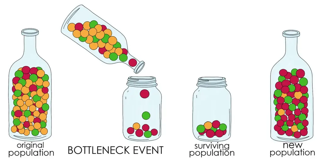 This is a diagram of the bottleneck effect. The original population is represented by marbles in a bottle. There are some red, some green, and many orange marbles. The marbles in the bottle are then poured into a jar. However, only one marble can come out at a time. The surviving population has five red marbles, two green, and only one orange marble. Over time, the new population expands, resulting in mostly red and green marbles.