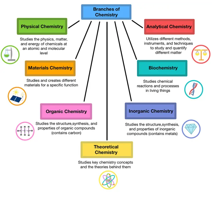 Image showing the different branches of chemistry including: physical chemistry, materials chemistry, organic chemistry, theoretical chemistry, inorganic chemistry, biochemistry, and analytical chemistry.
Physical chemistry: studies the physics, matter, and energy of chemicals at an atomic and molecular level.
Materials chemistry: Studies and creates different materials for a specific function.
Organic chemistry: studies the structure, synthesis, and properties of organic compounds (contains carbon).
Theoretical Chemistry: Studies key chemistry concepts and the theories behind them.
Inorganic chemistry: studies the structure, synthesis, and properties of inorganic compounds (contains metals).
Biochemistry: Studies chemical reactions and processes in living things.
Analytical chemistry: utilizes different methods, instruments, and techniques to study and quantify different matter.