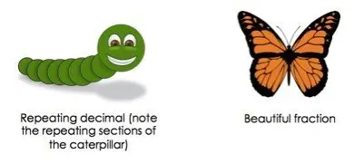 Repeating decimal (note the repeating sections of the caterpillar)
Beautiful fraction (butterfly)