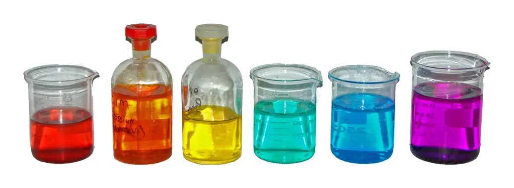 Image description: depicts chemistry glassware (beakers and bottles) filled with different colored solutions.
