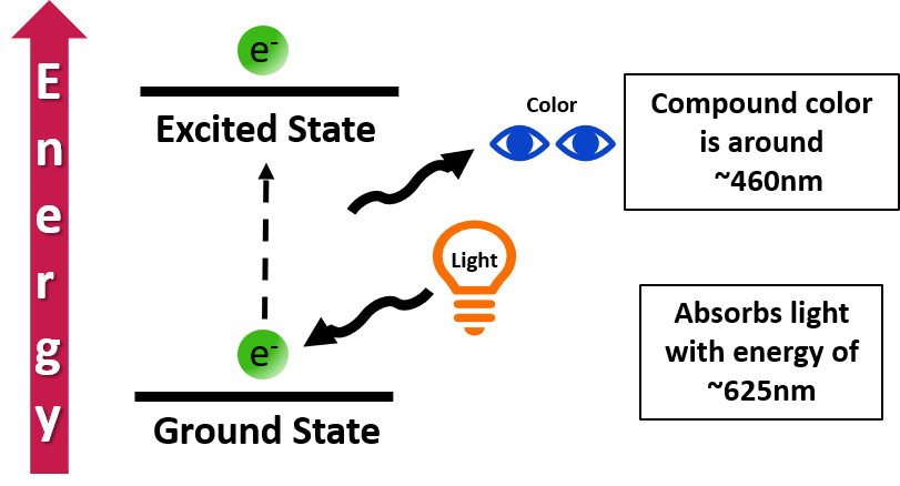 An energy diagram showing an electron moving from a ground site to an excited state. If the compound is blue, it will absorb orange light.