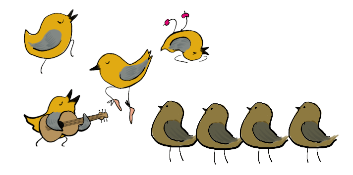This image shows the same birds dancing from before, and now female birds have come to watch the males dance, hoping to find mates.