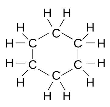 A cyclohexane molecule with six carbon atoms and twelve hydrogen atoms.