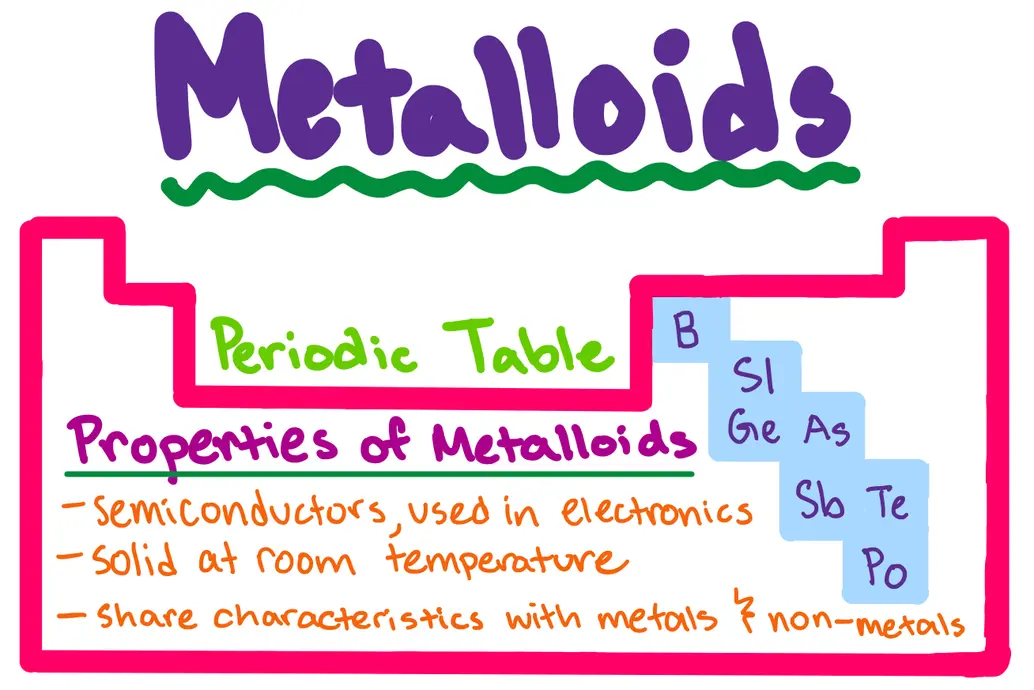 Metalloids

sketch of periodic table with the metalloids labeled: Boron (B), Silicon (Sl), Germanium (Ge), Arsenic (As), Tellurium (Te), Antimony (Sb), and Polonium (Po). 

Properties of Metalloids:
- semiconductors, used in electronics
- solid at room temperature
- share characteristics with metals and non-metals