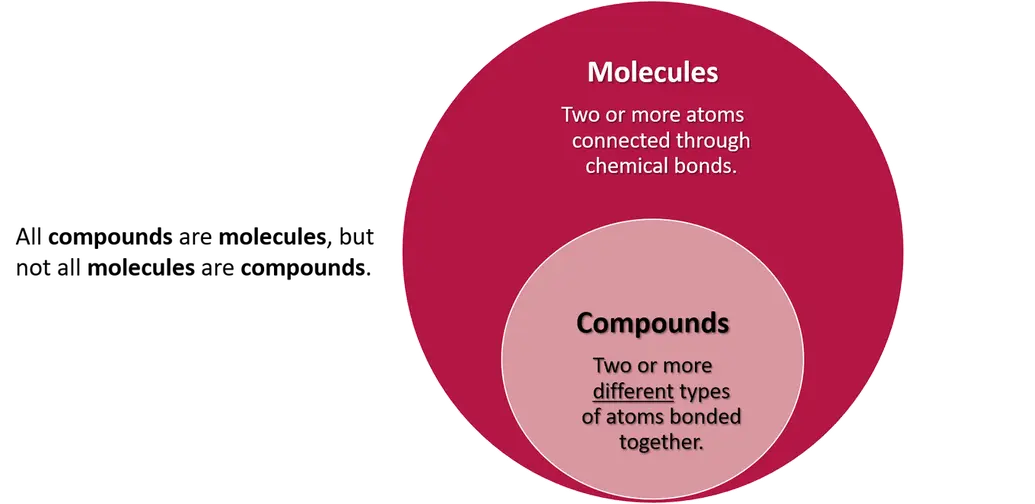 Large circle with a smaller circle inside. 
Text next to circles: All compounds are molecules, but not all molecules are compounds.
Large circle text: Molecules, Two or more atoms connected through chemical bonds.
Small circle text: Compounds, Two or more different types of atoms bonded together.

