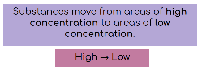 In diffusion, substances move from areas of high concentration to areas of low concentration.