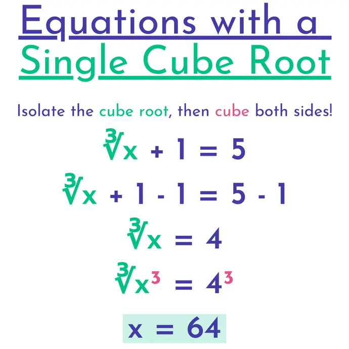 Equations with a single cube root: Isolate the cube root, then cube both sides! cuberoot{x}+1=5 --> cuberoot{x}+1-1=5-1 --> cuberoot{x}=4 --> cuberoot{x}^3=4^3 --> x=64.