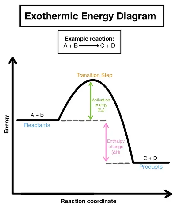 Exothermic Energy diagram, showing the products lower than the reactants, a smaller activation energy, and the enthalpy between the products and the reactants.