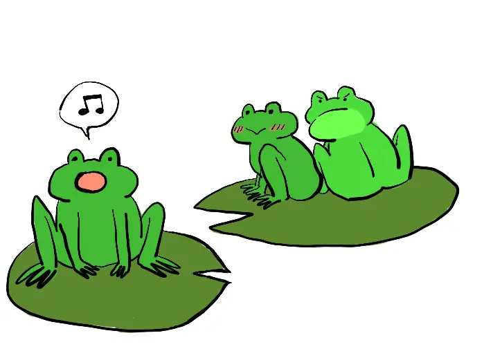 This image helps illustrate behavioral isolation. It shows three cartoon frogs sitting on lily pads. One frog is singing a mating call. Another frog is looking back at him because she is interested. She is sitting next to another frog from a different species. But, she does not like him. This other frog looks back and glares at the singing frog.