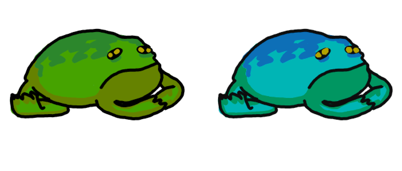 The image shows two frogs. The one on the left is green with yellow eyes and dark green spots. The one on the right is turquoise with yellow eyes and dark blue spots.