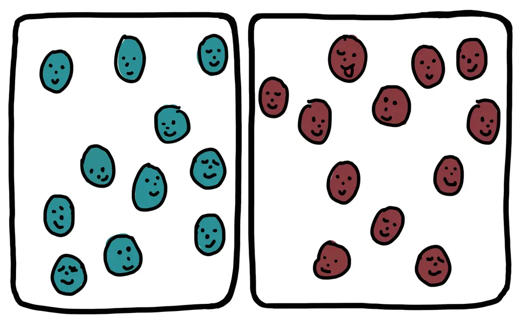 This cartoon drawing shows an example of geographic isolation. The image shows about 20 cartoon faces inside of two black rectangles representing their habitats. In this picture, the rectangle environment has fractured into two boxes, separating the faces into two populations. By random chance, one population has more blue faces, while the other has more red. After more time has passed, one population is now all blue faces, while the other is made up of all red faces.