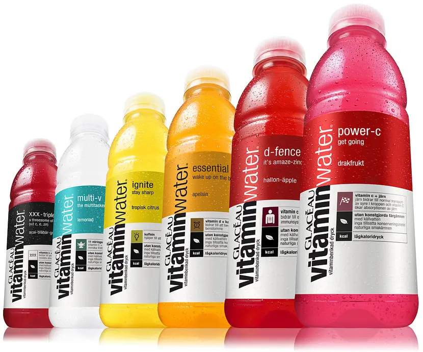 Different flavors of VitaminWater are shown.
