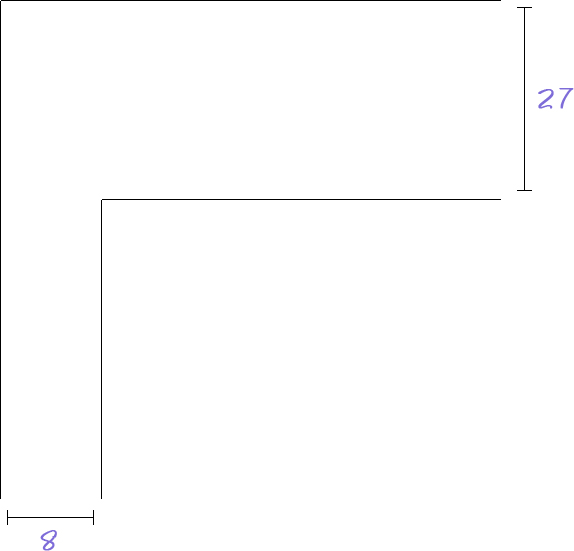 Top-down view of an L-shaped corner where two hallways meet at a right angle: the horizontal hallway is 27 m wide and the vertical hallway is 8 m wide.