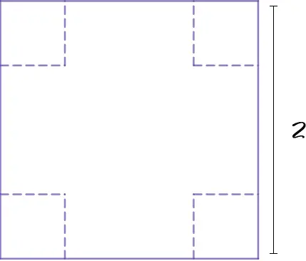 Square sheet with dashed lines marking a small square to be cut from each of the four corners; one side of the whole sheet is labeled 2.