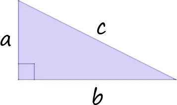 A right triangle. The legs are labelled a and b. The hypotenuse is labelled c.
