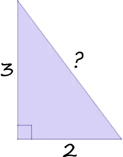 A right triangle with legs 3 and 2. The hypotenuse is unknown.
