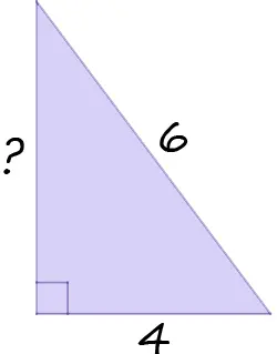 A right triangle with one leg 4 and hypotenuse 6. The other leg is unknown.