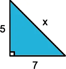 A right triangle with legs 5 and 7 and hypotenuse x.
