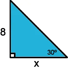 A right triangle with angle 30 degrees. Adjacent length x and opposite length 8.