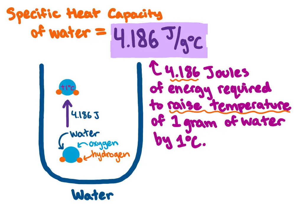 Specific Heat Capacity of water = 4.186 J/g*degrees C

4.186 Joules of energy required to raise temperature of 1 gram of water by 1 degree Celsius.

image of a water glass with water molecule labeled with oxygen and hydrogen. Visible water molecule increase in temperature by 1 degree C with 4.186 Joules of energy applied.