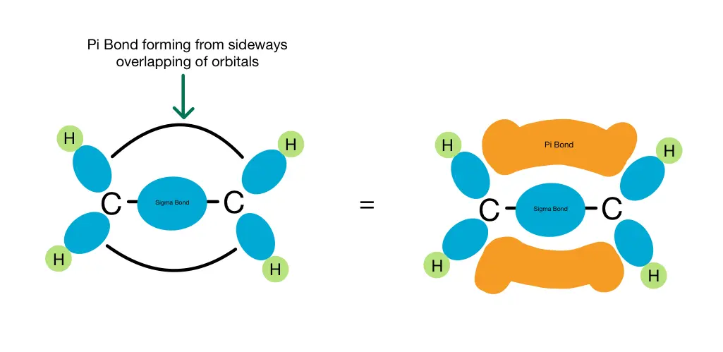 Image showing how the sideways overlap of p orbitals form the pi bond (in ethene)