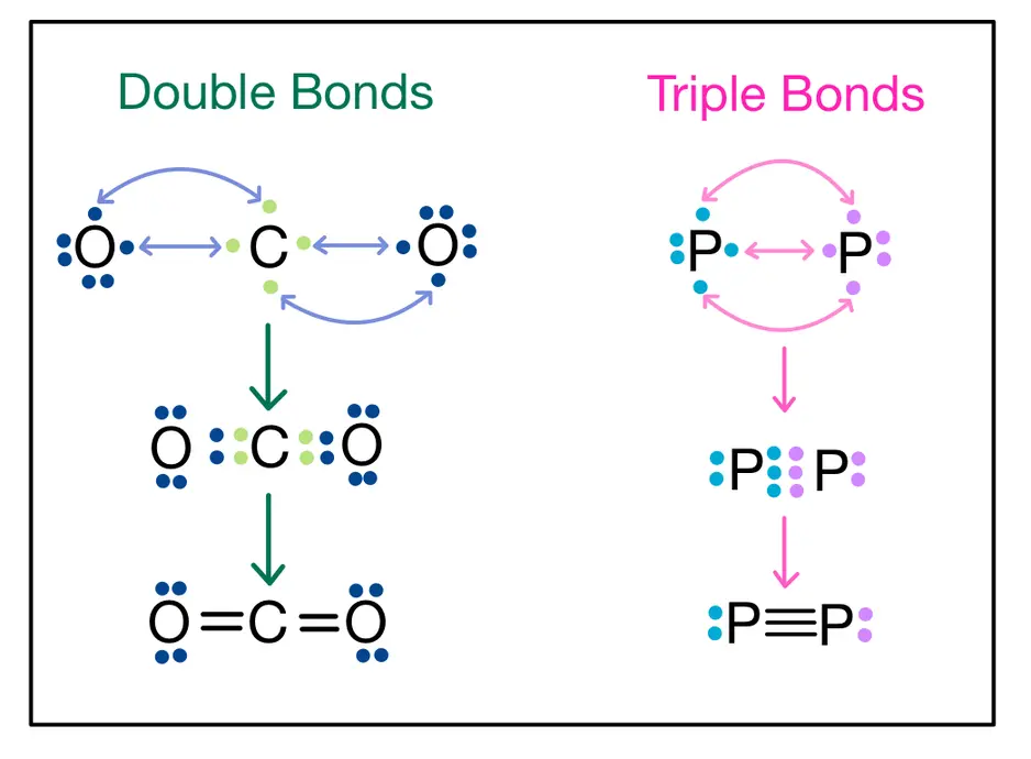 Image showing how double bond and triple bonds are formed (double bonds sharing two pairs of electrons and triple bonds sharing three pairs of electrons)