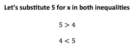 Let's substitute 5 for x in both inequalities

5 > 4

4 < 5