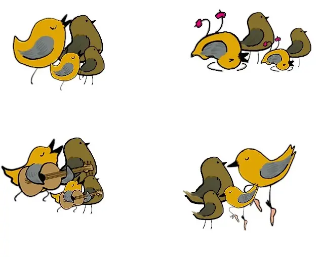 This image helps illustrate behavioral isolation. In this image, each female bird has now paired with the male bird whose dance they like best, and each couple now has offspring. The offspring share similar traits to the parents.