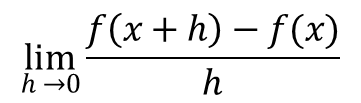 The limit definition of the derivative: the limit as h approaches 0 of [f(x+h) - f(x)] / h.