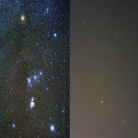 The image on the left is a clear, starry night sky. The image on the right is a dim night sky with few stars.