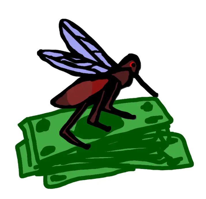 The image shows a mosquito resting on a pile of money.