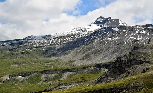 A picture of a mountain covered in snow, with a stretch of grass at the bottom.