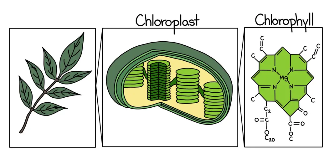 A diagram showing leaves, which contain chloroplasts containing chlorophyll.