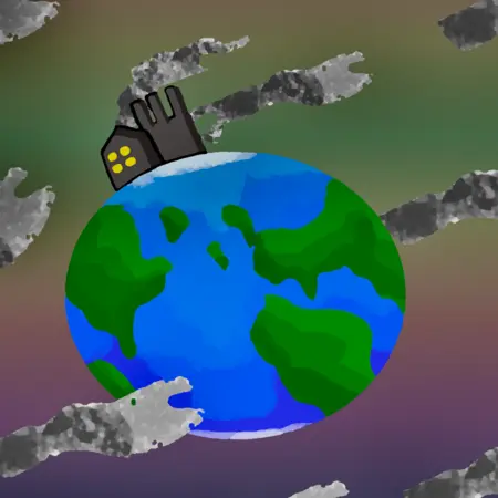 The image shows the planet Earth with a factory on top. The factory is releasing lots of gray smog.