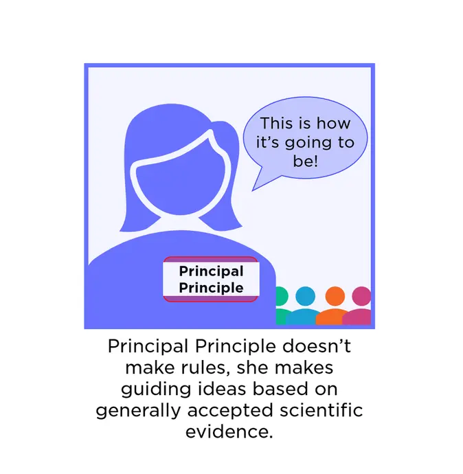 There is a woman and four other people. The woman has a name tag which reads "Principal Principle". She is saying, "This is how it's going to be!" The text underneath reads "Principal Principle doesn't make rules, she makes guiding ideas based on generally accepted scientific evidence."