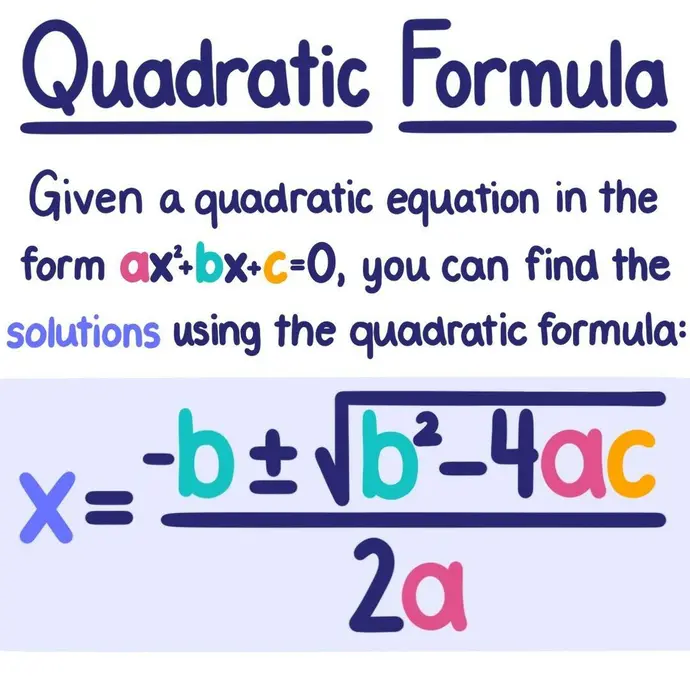 Quadratic Formula: Given a quadratic equation in the form ax^2+bx+c=0, you can find the solutions using the quadratic formula: x=-b±sqrt(b^2-4ac)/2a