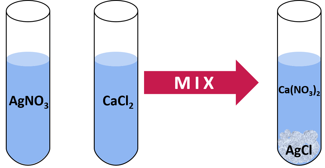 Two test tubes are filled with aqueous solutions. They are mixed and a solid comes out of solution.