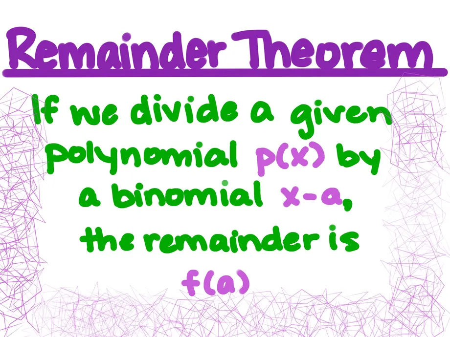 Remainder Theorem
If we divide a given polynomial p(x) by a binomial x-a, the remainder is f(a)