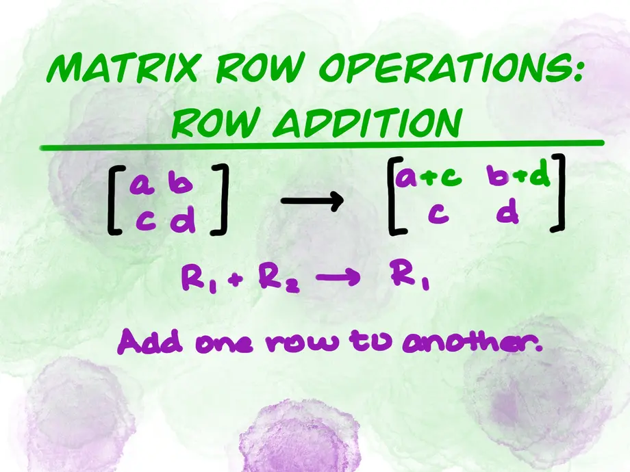 Matrix Row Operations: Row Addition
R_1 + R_2 --> R_1
Add one row to another.