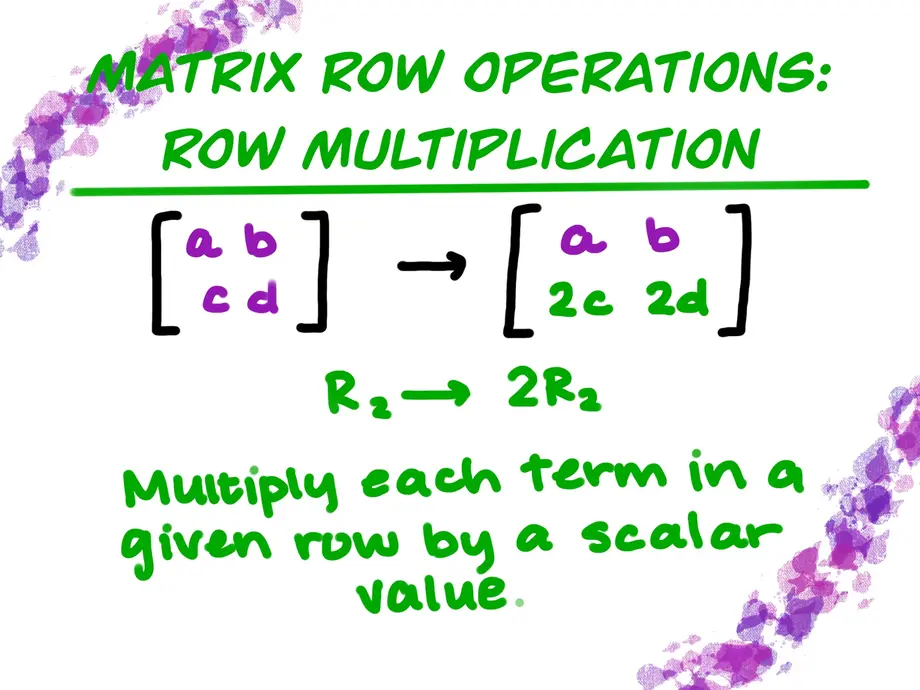 Matrix Row Operations: Row Multiplication
R_2 --> 2R_2
Multiply each term in a given row by a scalar value.