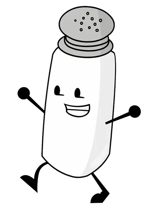 Cartoon salt shaker with a perforated metal top, a smiling face, and stick arms and legs.