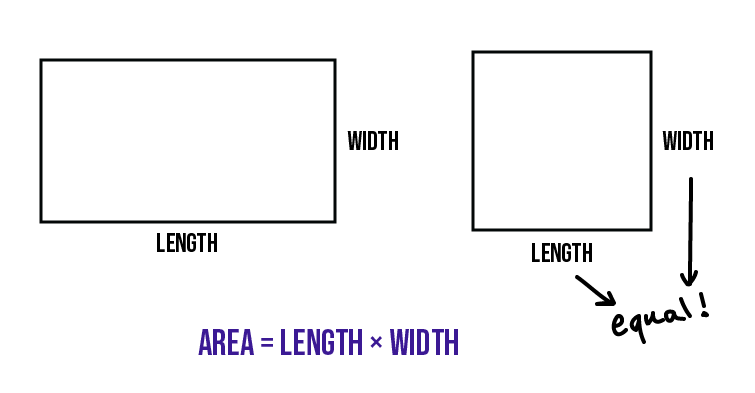 A rectangle and square with length and width labeled.  The length and width of a square are equal.  The area of any rectangle is the product of its length and width.