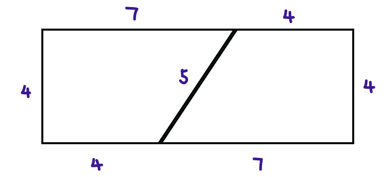 Two right trapezoid with base 7, height 4, parallel side 4, and final side 5.  They are joined at the 5 side.