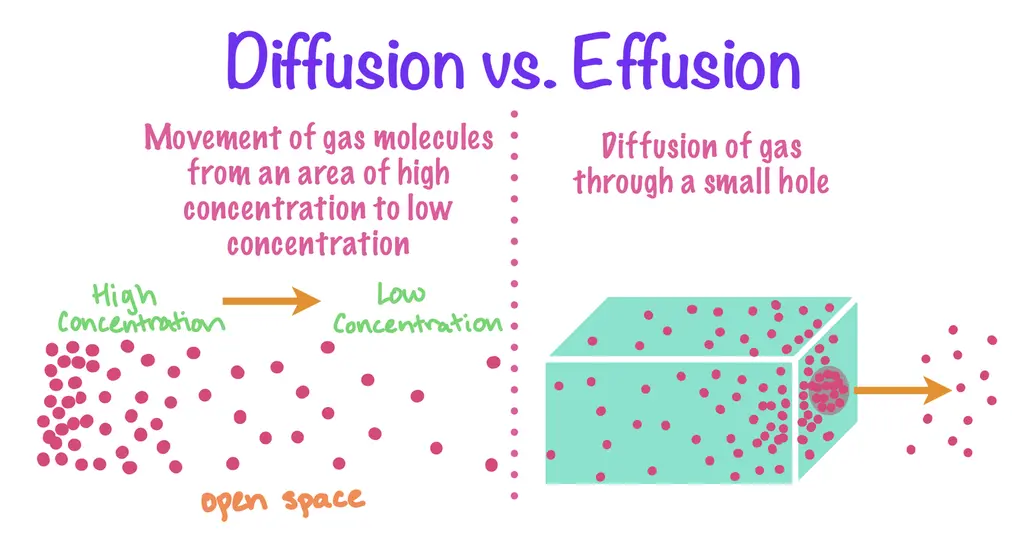 Diffusion vs. Effusion
Diffusion: Movement of gas molecules from an area of high concentration to low concentration
Image of an open space with a high concentration of gas molecules moving to an area of low concentration of gas molecules. Gas molecules are depicted by pink dots.
Effusion: Diffusion of gas through a small hole.
Image of a box filled with gas particles trying to fit through a small hole. An arrow and dots depict some gas molecules leaving the box.