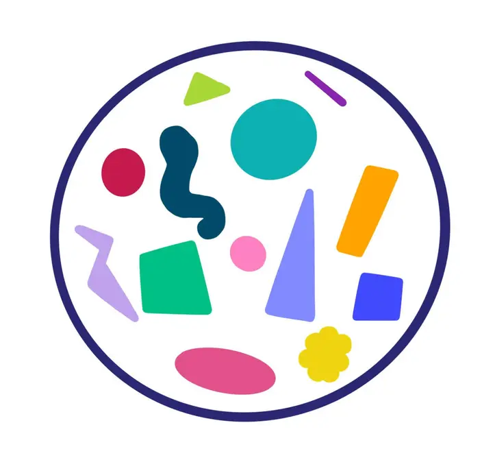 A set of distinct, different colored shapes. These shapes are within a circular region to indicate that they are members of the same set.