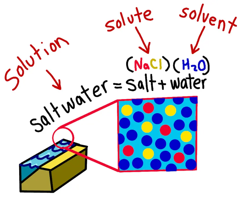 The image shows a small chunk of a beach. A section of it is zoomed in to reveal molecules. The saltwater (a solution) is made of salt (the solute) and water (the solvent). The molecules are colored red to represent sodium, yellow to represent chlorine, and blue to represent water.