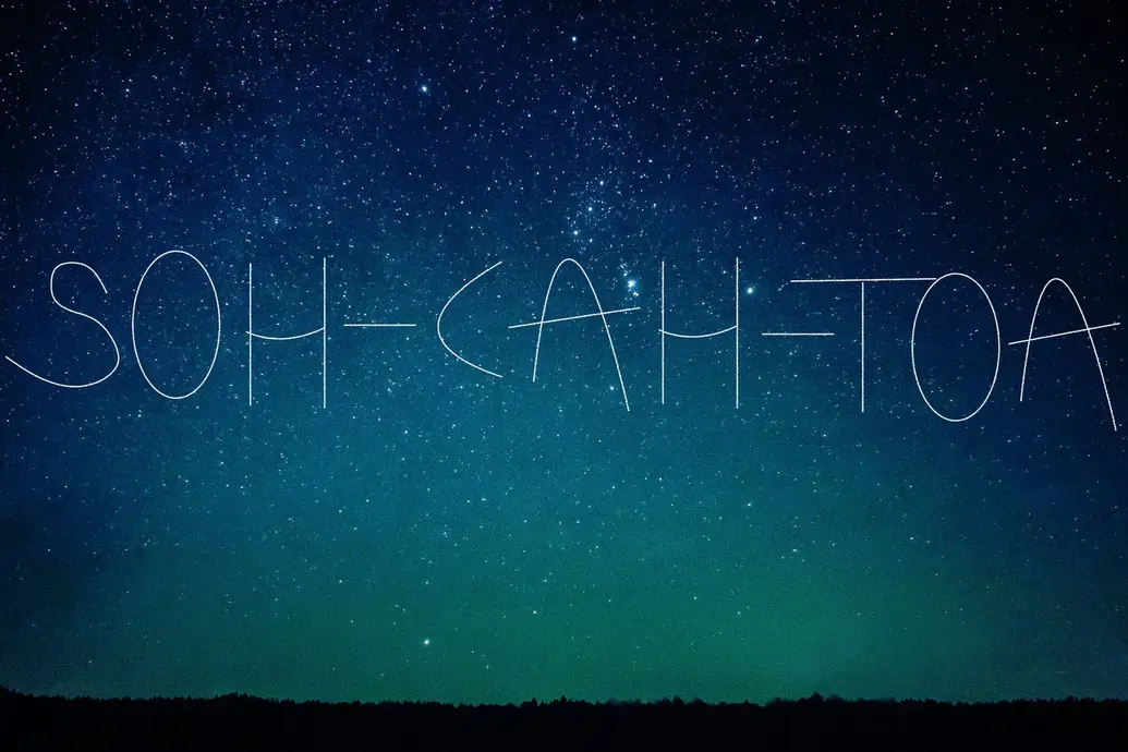 SOH-CAH-TOA spelled out as a constellation in the night sky.