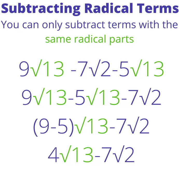Subtracting Radical Terms: you can only subtract terms with the same radical parts. 9sqrt(13)-7sqrt(2)-5sqrt(13) = 9sqrt(13)-5sqrt(13)-7sqrt(2)=(9-5)sqrt(13)-7sqrt(2) = 4sqrt(13)-7sqrt(2)
